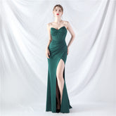 Ethan Strapless Satin Evening Dress In Dark Green