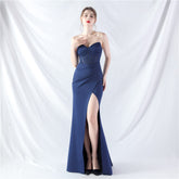 Ethan Strapless Satin Evening Dress In Navy Blue