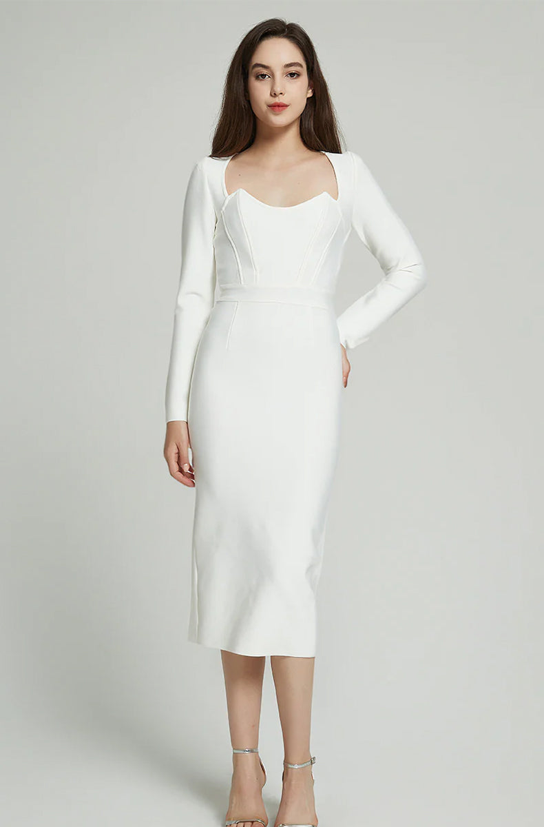 Faina Long Sleeve Bandage Midi Dress In White - PDC