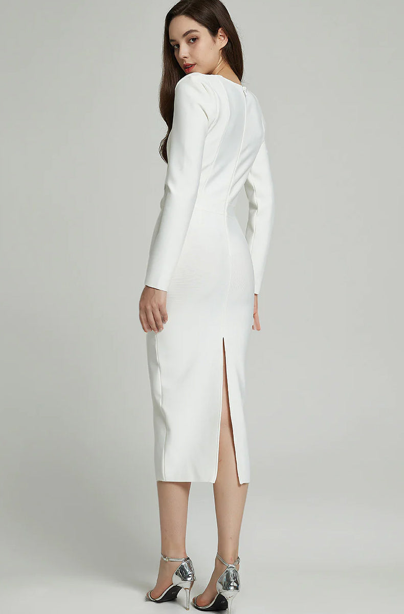 Faina Long Sleeve Bandage Midi Dress In White - PDC