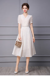 Linda Beaded V-neck A line Dress In White