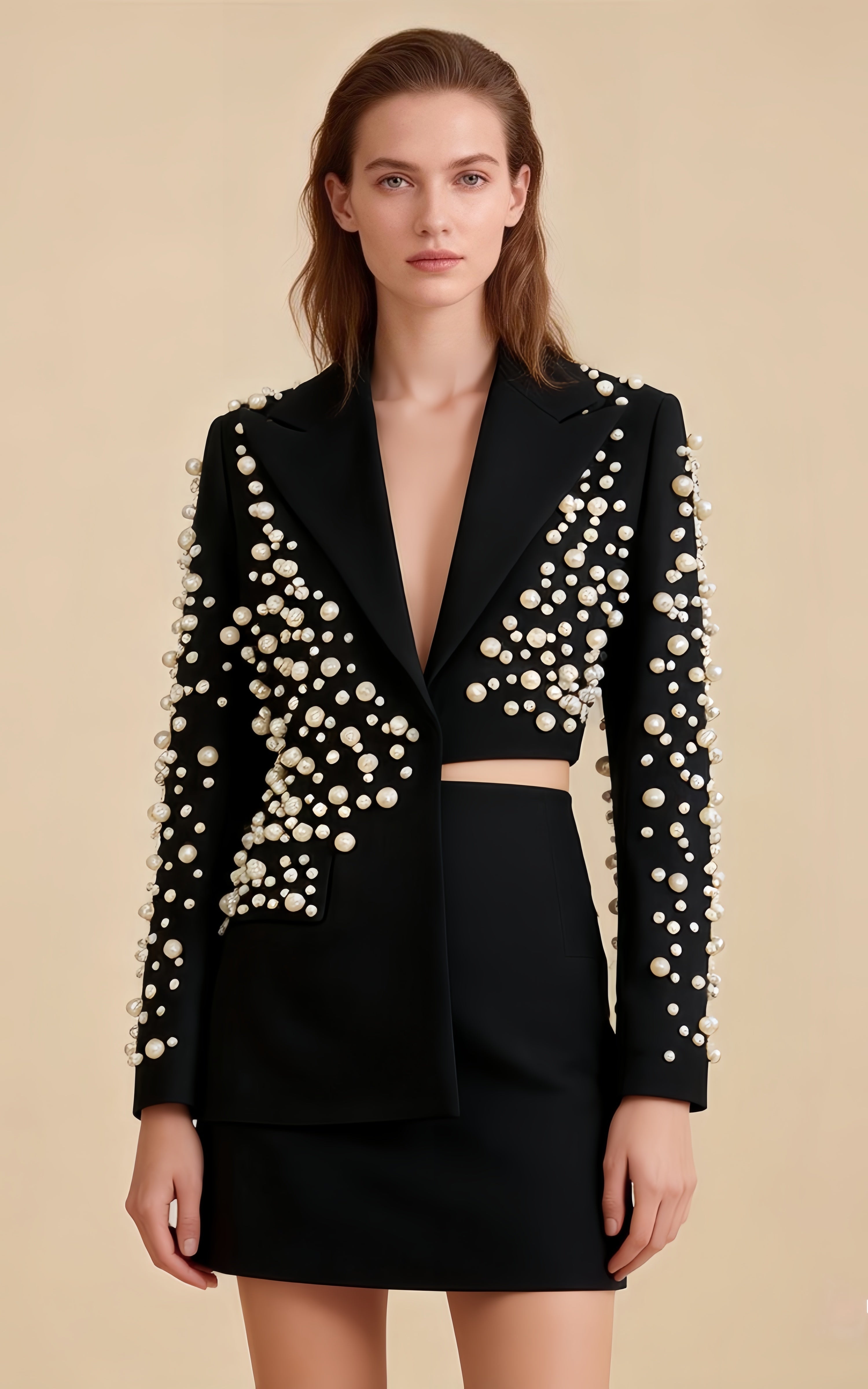 Aiden Black V-neck Pearl Irregular Blazer Set Main image