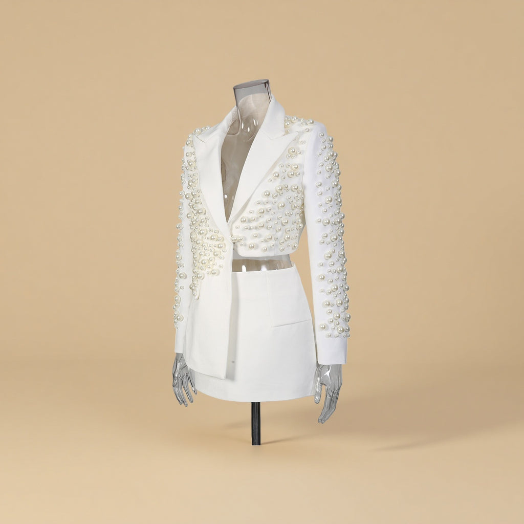 Aiden White V-neck Pearl Irregular Blazer Set