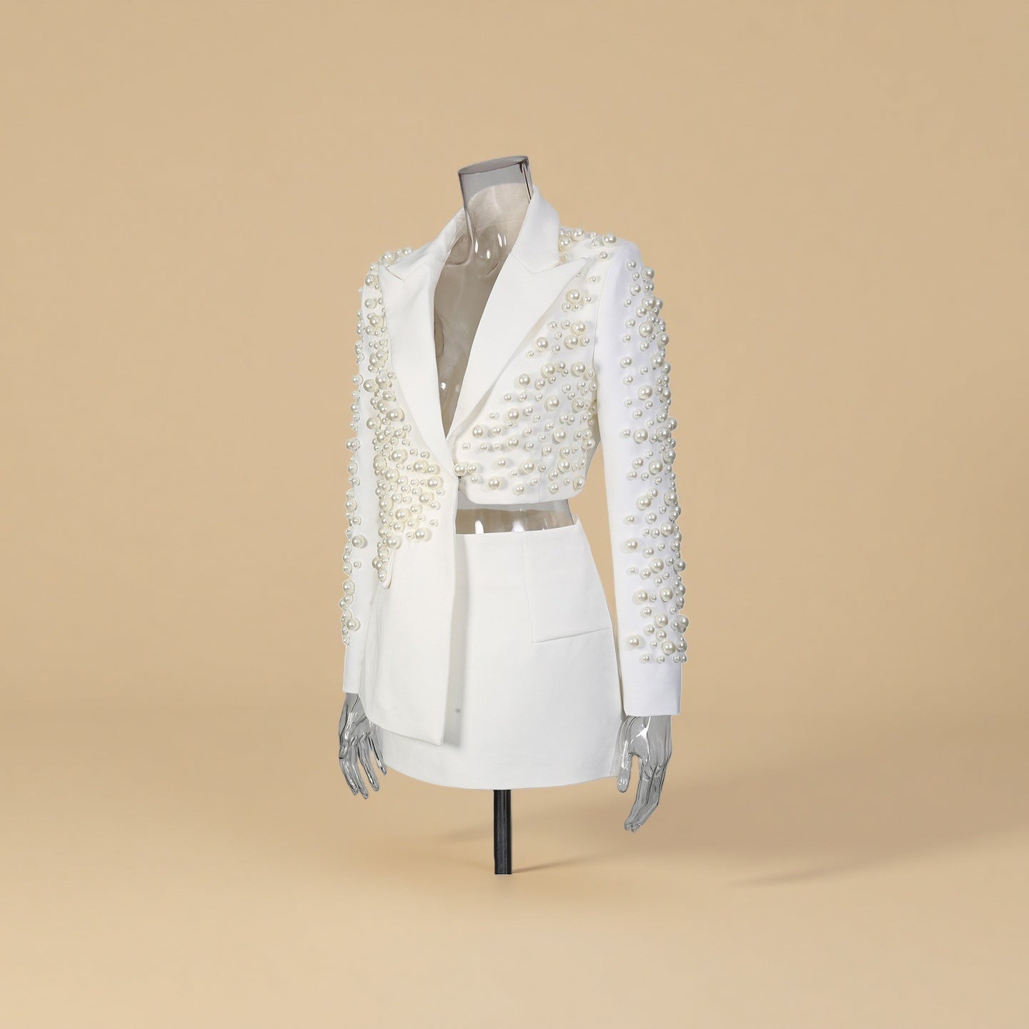Aiden White V-neck Pearl Irregular Blazer Set