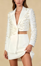 Aiden White V-neck Pearl Irregular Blazer Set