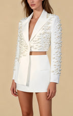 Aiden White V-neck Pearl Irregular Blazer Set