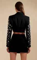 Aiden Black V-neck Pearl Irregular Blazer Set