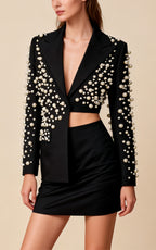 Aiden Black V-neck Pearl Irregular Blazer Set