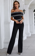 Alina Black Off Shoulder Print Bandage Jumpsuit