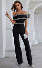 Alina Black Off Shoulder Print Bandage Jumpsuit