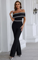 Alina Black Off Shoulder Print Bandage Jumpsuit