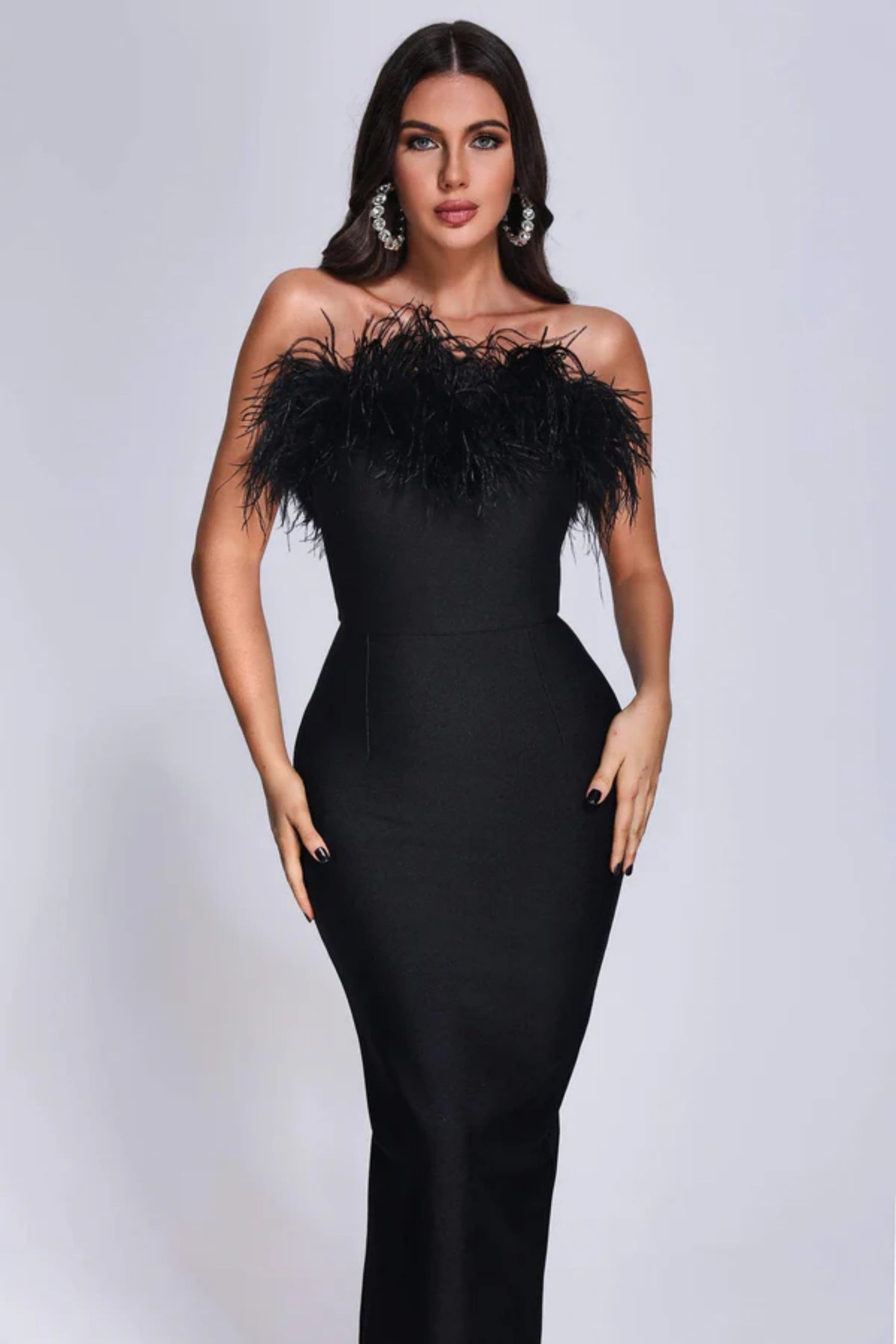Archer Black Strapless Feather Bandage Evening Dress