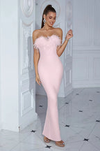 Archer Pink Strapless Feather Bandage Evening Dress