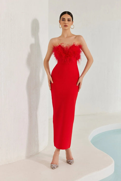 Archer Red Strapless Feather Bandage Evening Dress