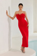 Archer Red Strapless Feather Bandage Evening Dress