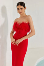 Archer Red Strapless Feather Bandage Evening Dress