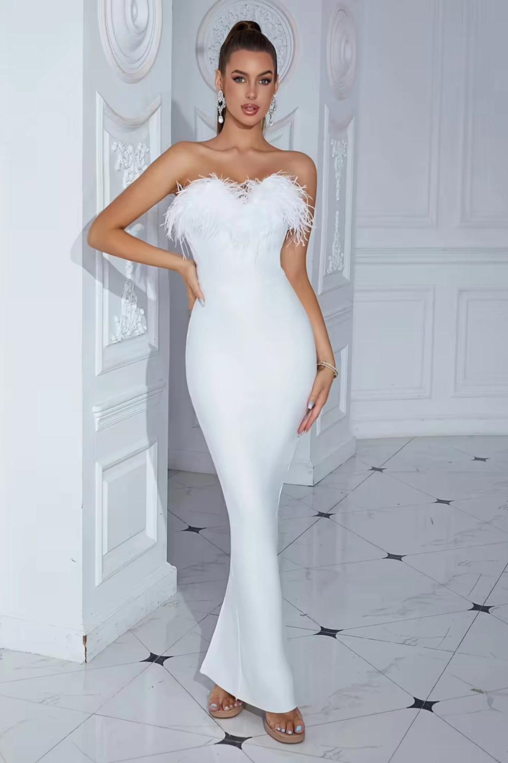 Archer White Strapless Feather Bandage Evening Dress