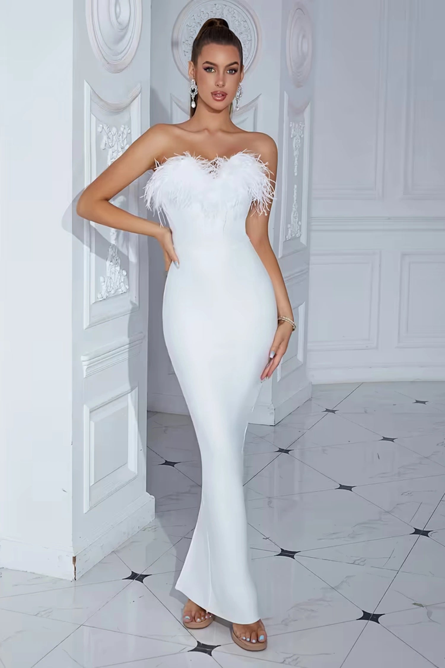 Archer White Strapless Feather Bandage Evening Dress Main image