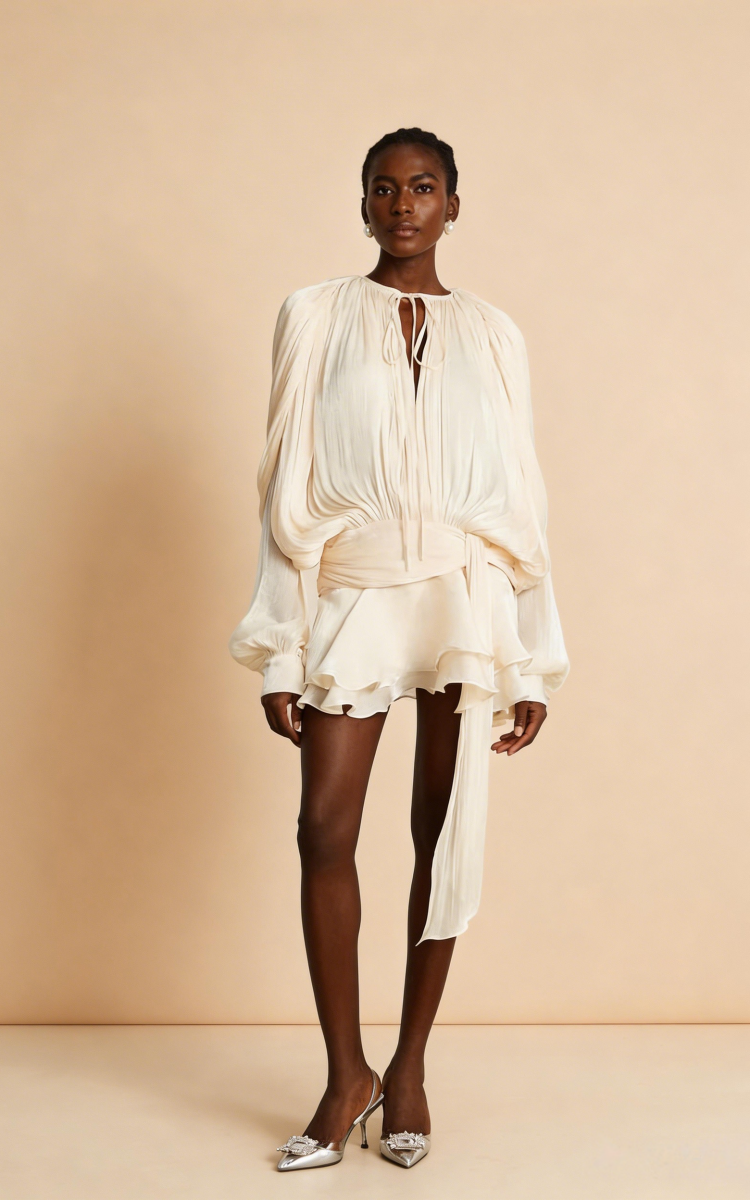 Aria Apricot Puff-Sleeve Ruffle Mini Dress