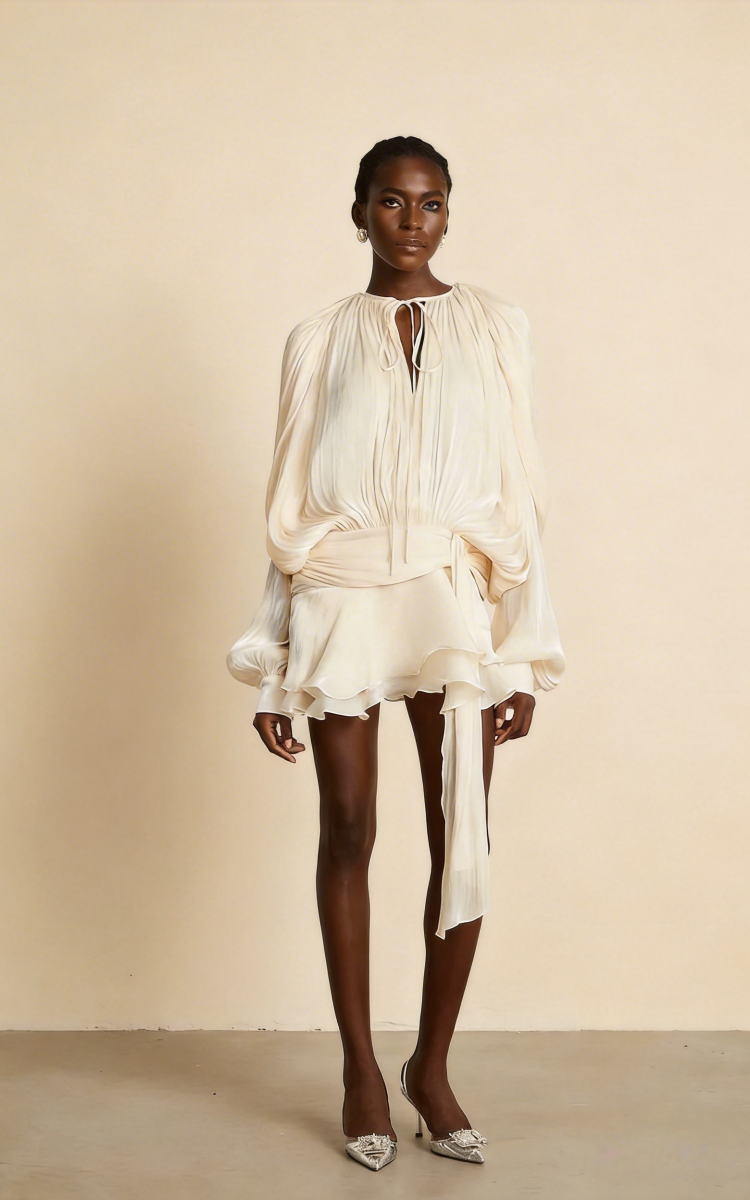 Aria Apricot Puff-Sleeve Ruffle Mini Dress