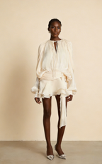 Aria Apricot Puff-Sleeve Ruffle Mini Dress