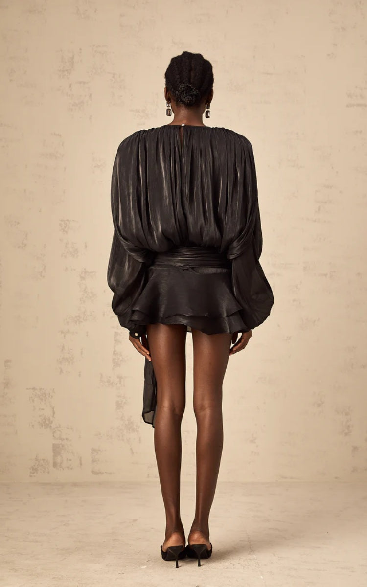 Aria Black Puff-Sleeve Ruffle Mini Dress