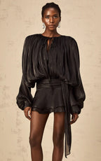 Aria Black Puff-Sleeve Ruffle Mini Dress