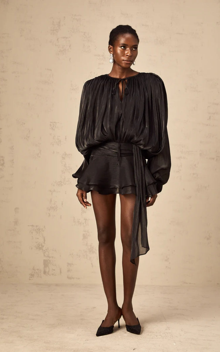 Aria Black Puff-Sleeve Ruffle Mini Dress