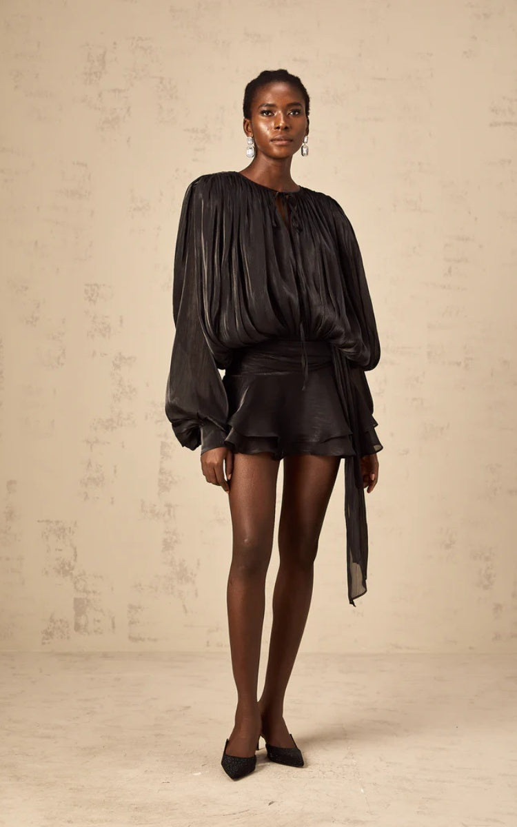 Aria Black Puff-Sleeve Ruffle Mini Dress