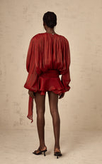 Aria Wine Puff-Sleeve Ruffle Mini Dress