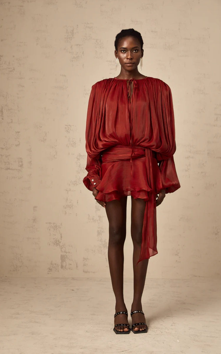 Aria Wine Puff-Sleeve Ruffle Mini Dress
