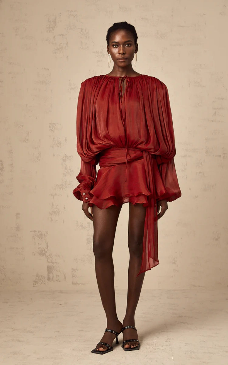 Aria Wine Puff-Sleeve Ruffle Mini Dress