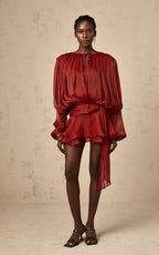 Aria Wine Puff-Sleeve Ruffle Mini Dress