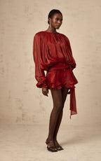 Aria Wine Puff-Sleeve Ruffle Mini Dress