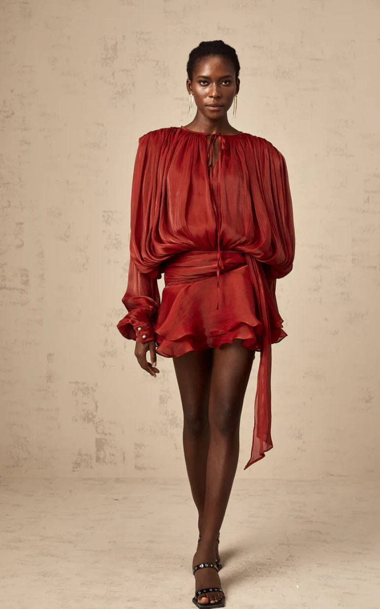 Aria Wine Puff-Sleeve Ruffle Mini Dress