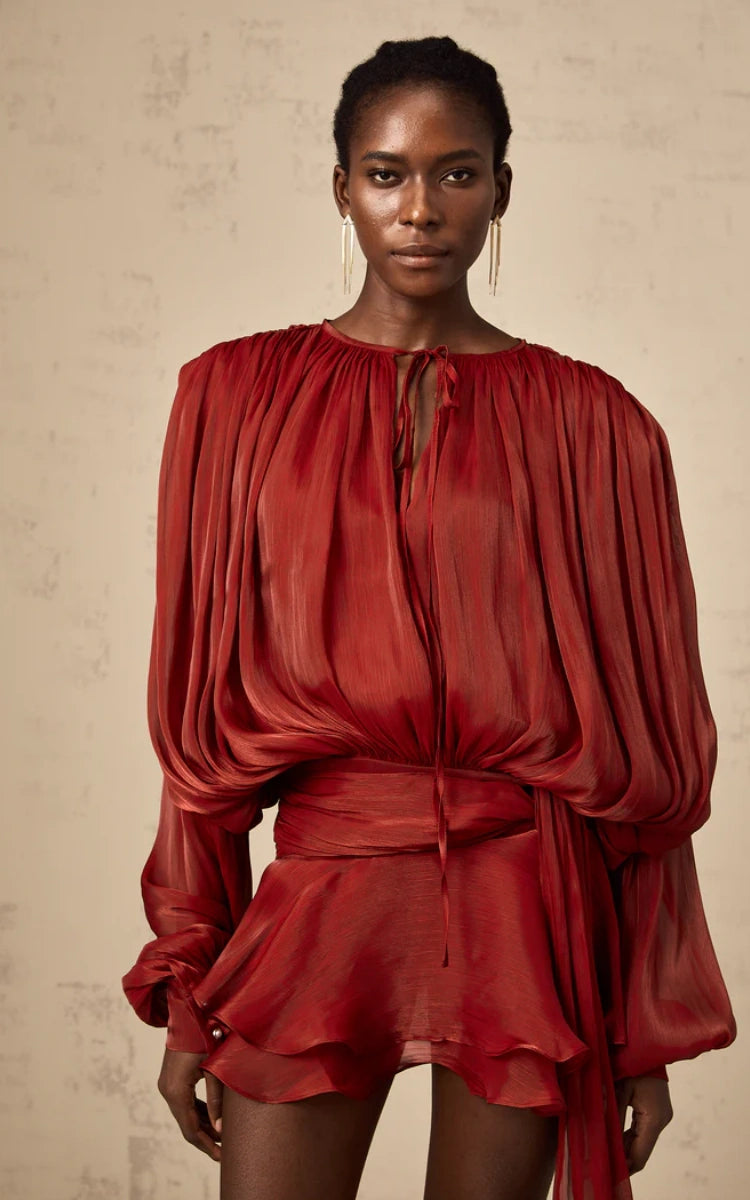 Aria Wine Puff-Sleeve Ruffle Mini Dress Main image