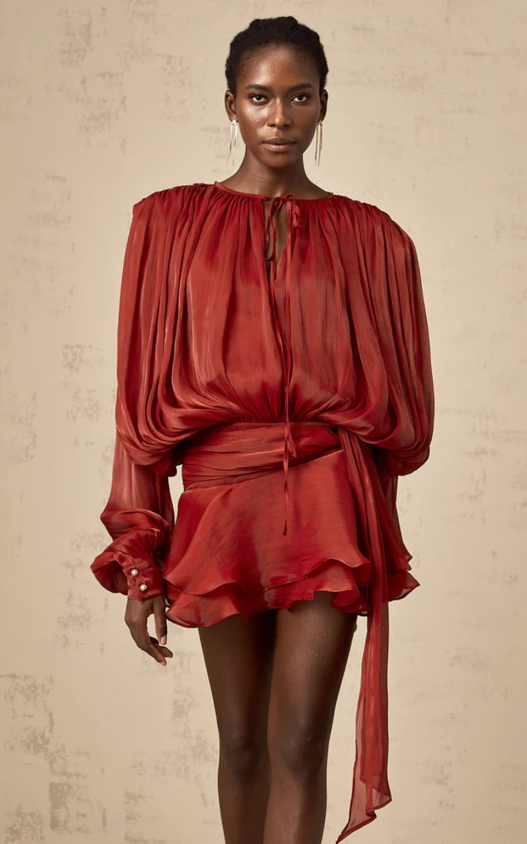 Aria Wine Puff-Sleeve Ruffle Mini Dress