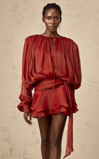 Aria Wine Puff-Sleeve Ruffle Mini Dress