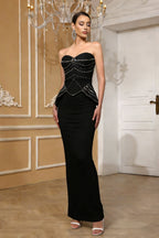 Ariella Black Strapless Rhinestone Bandage Maxi Dress
