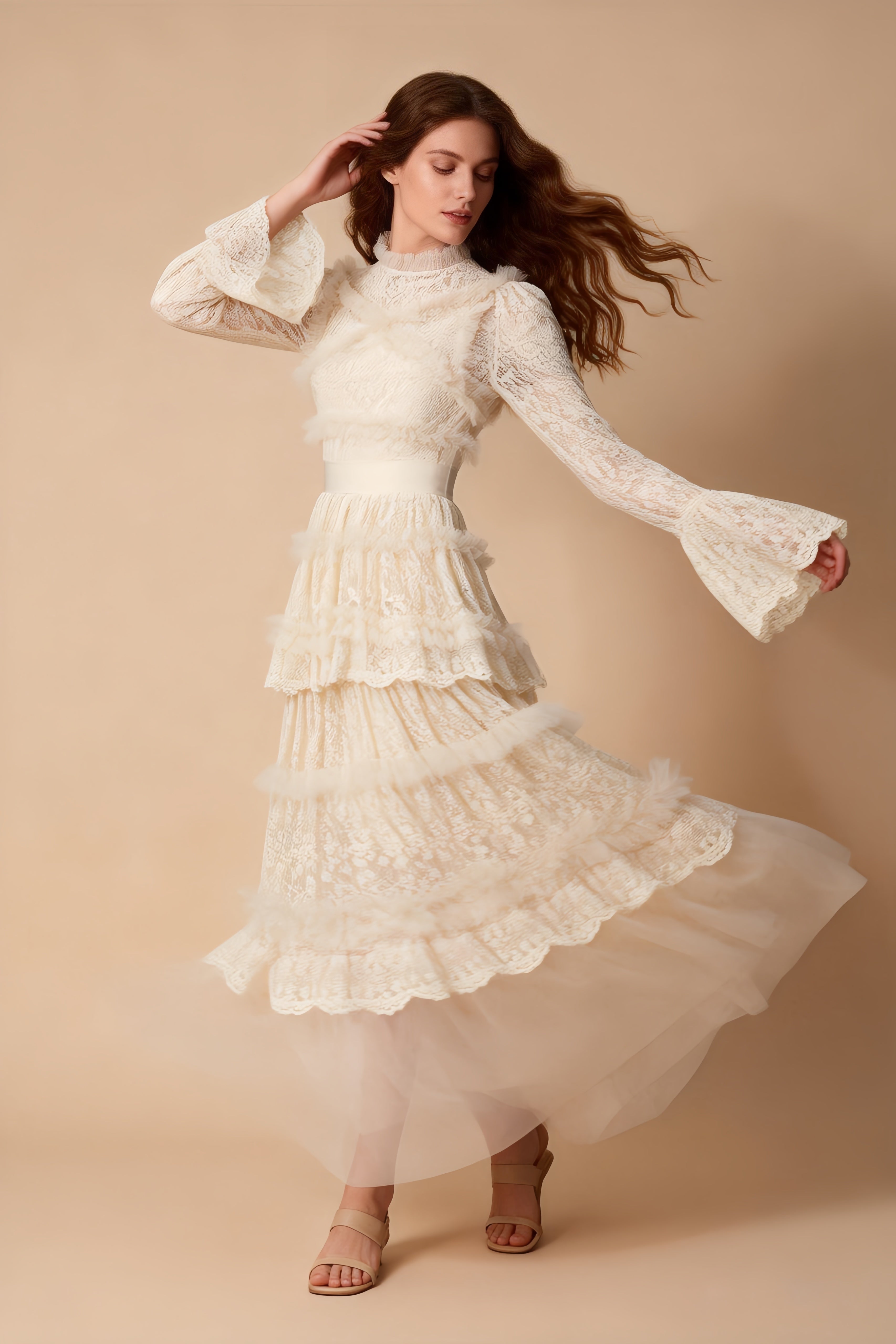 Asher Apricot Long Sleeve Lace Maxi Dress