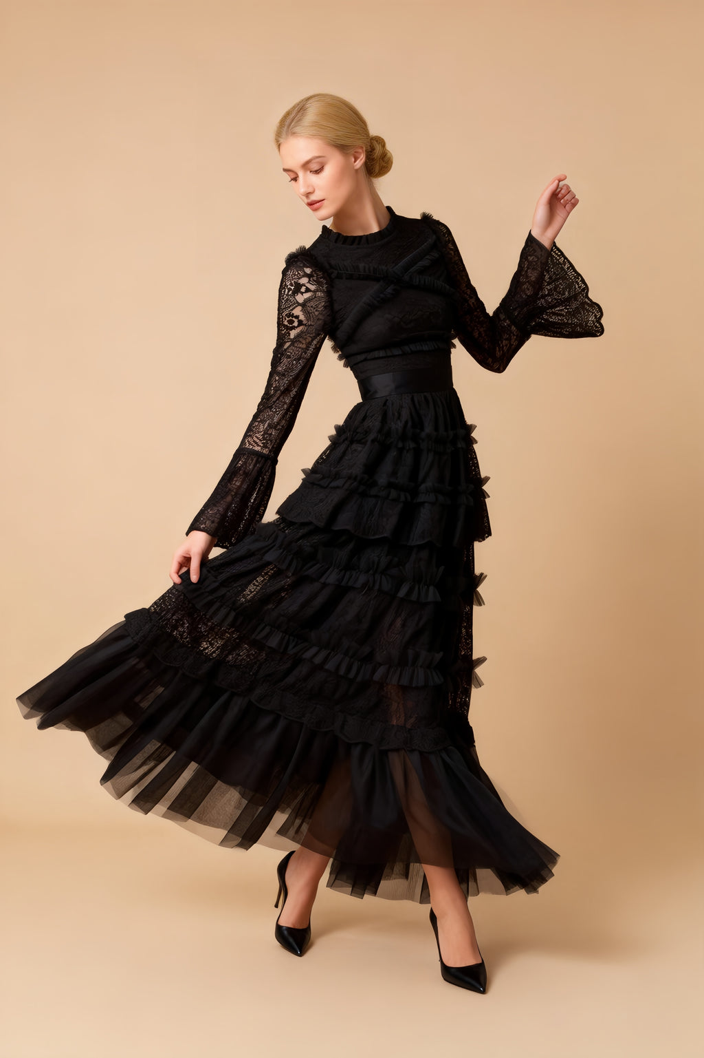 Asher Black Long Sleeve Lace Maxi Dress
