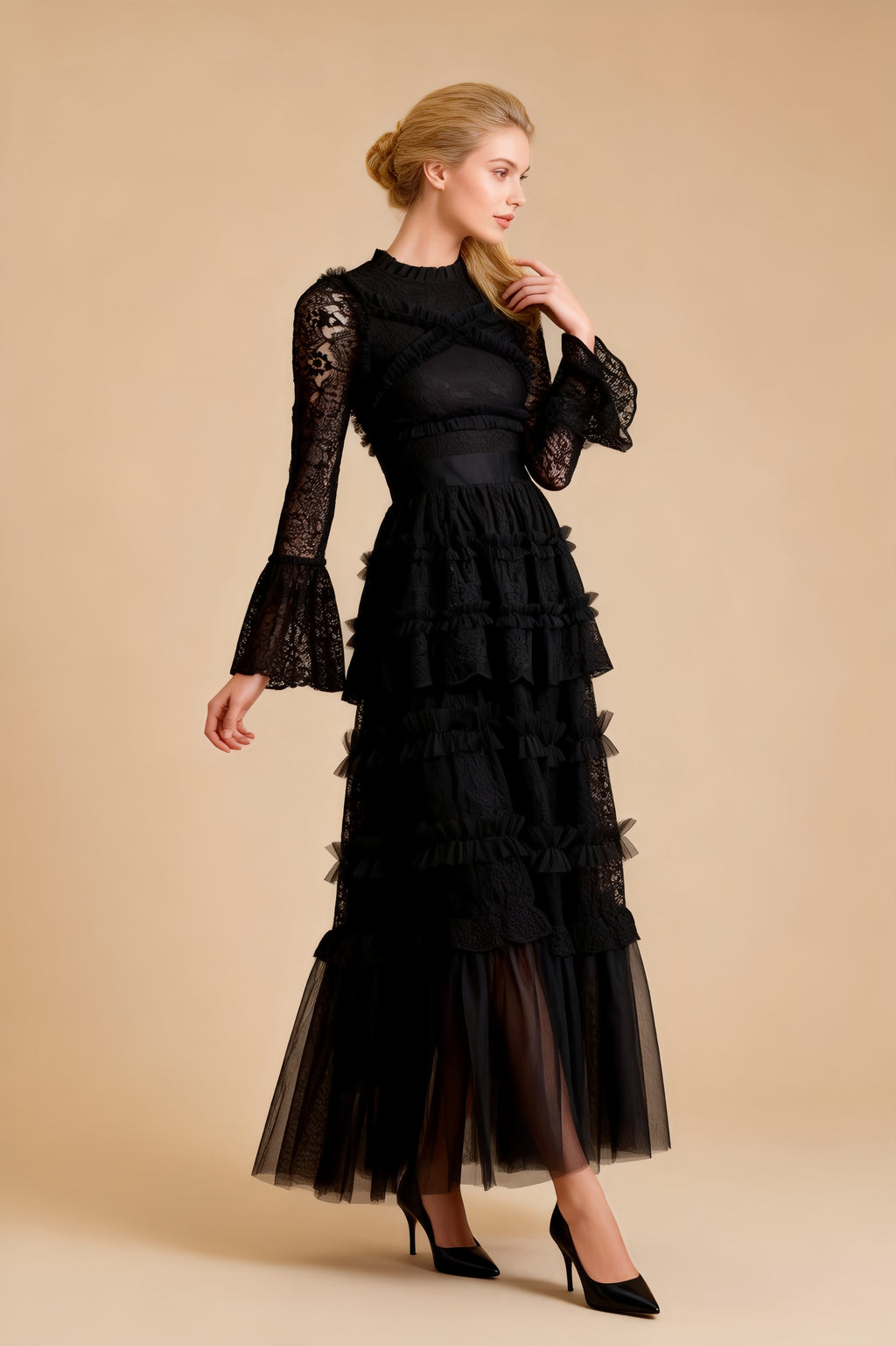 Asher Black Long Sleeve Lace Maxi Dress
