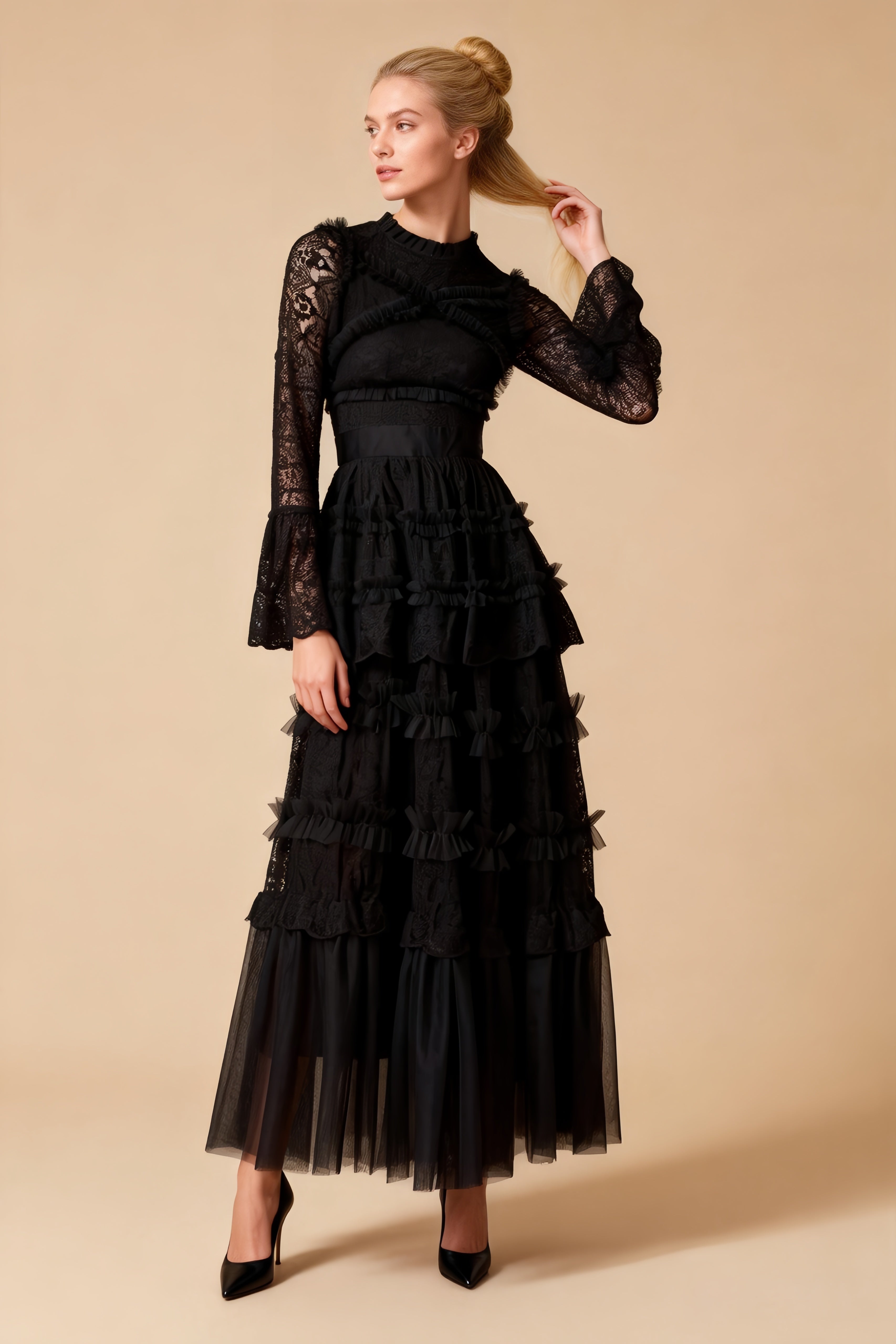 Asher Black Long Sleeve Lace Maxi Dress
