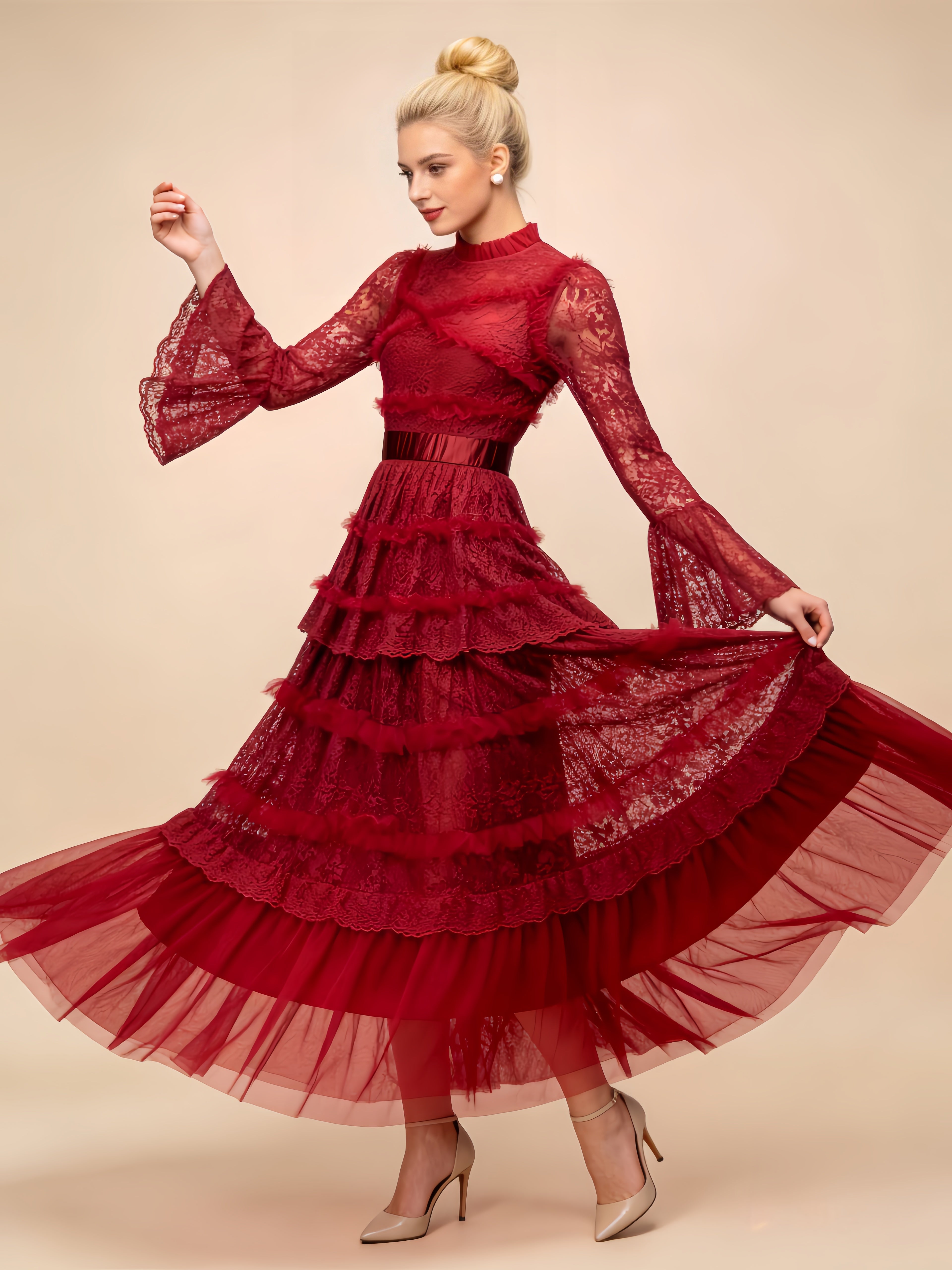 Asher Red Long Sleeve Lace Maxi Dress