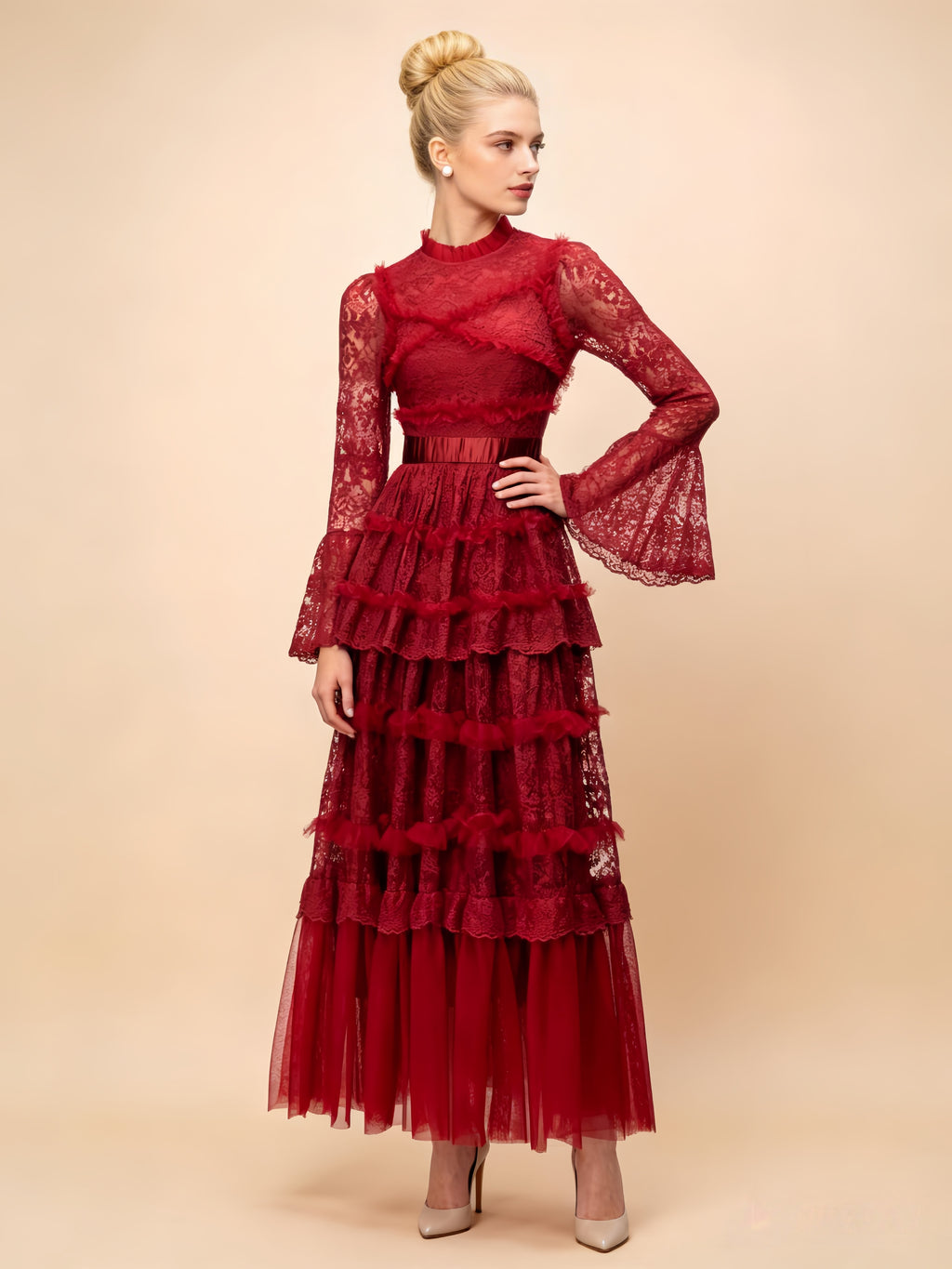 Asher Red Long Sleeve Lace Maxi Dress