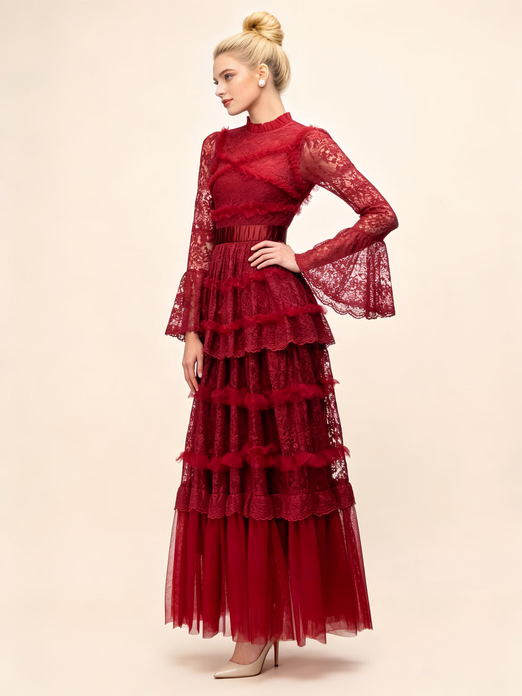 Asher Red Long Sleeve Lace Maxi Dress