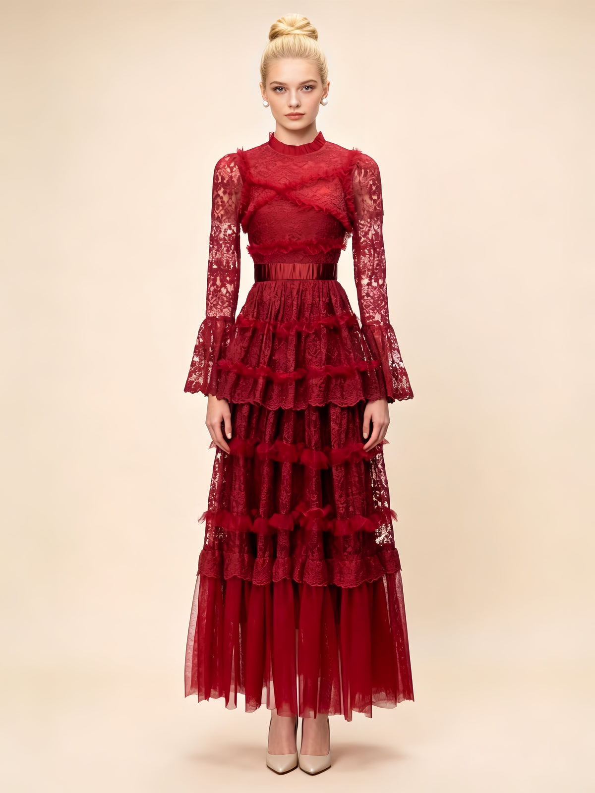 Asher Red Long Sleeve Lace Maxi Dress