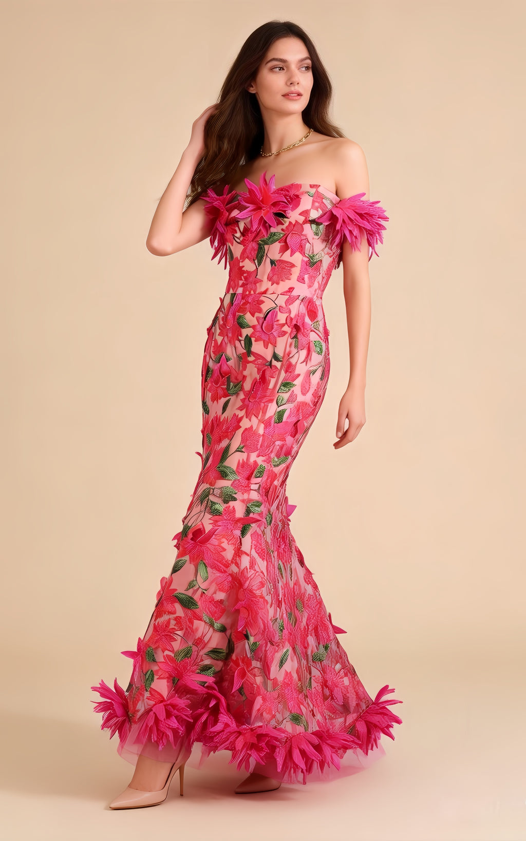 Aspen Magenta 3D Floral Embroidery Maxi Dress