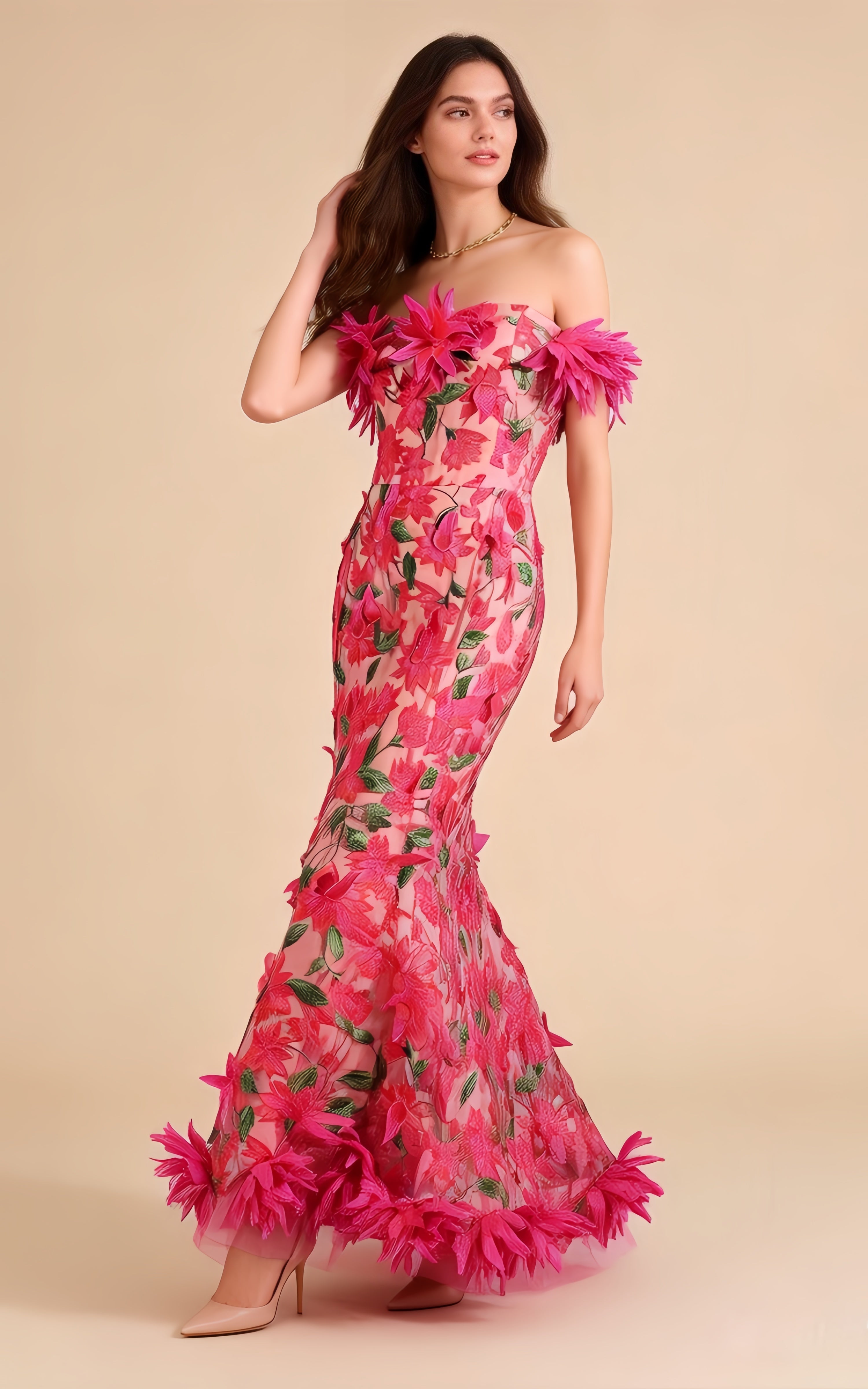 Aspen Magenta 3D Floral Embroidery Maxi Dress