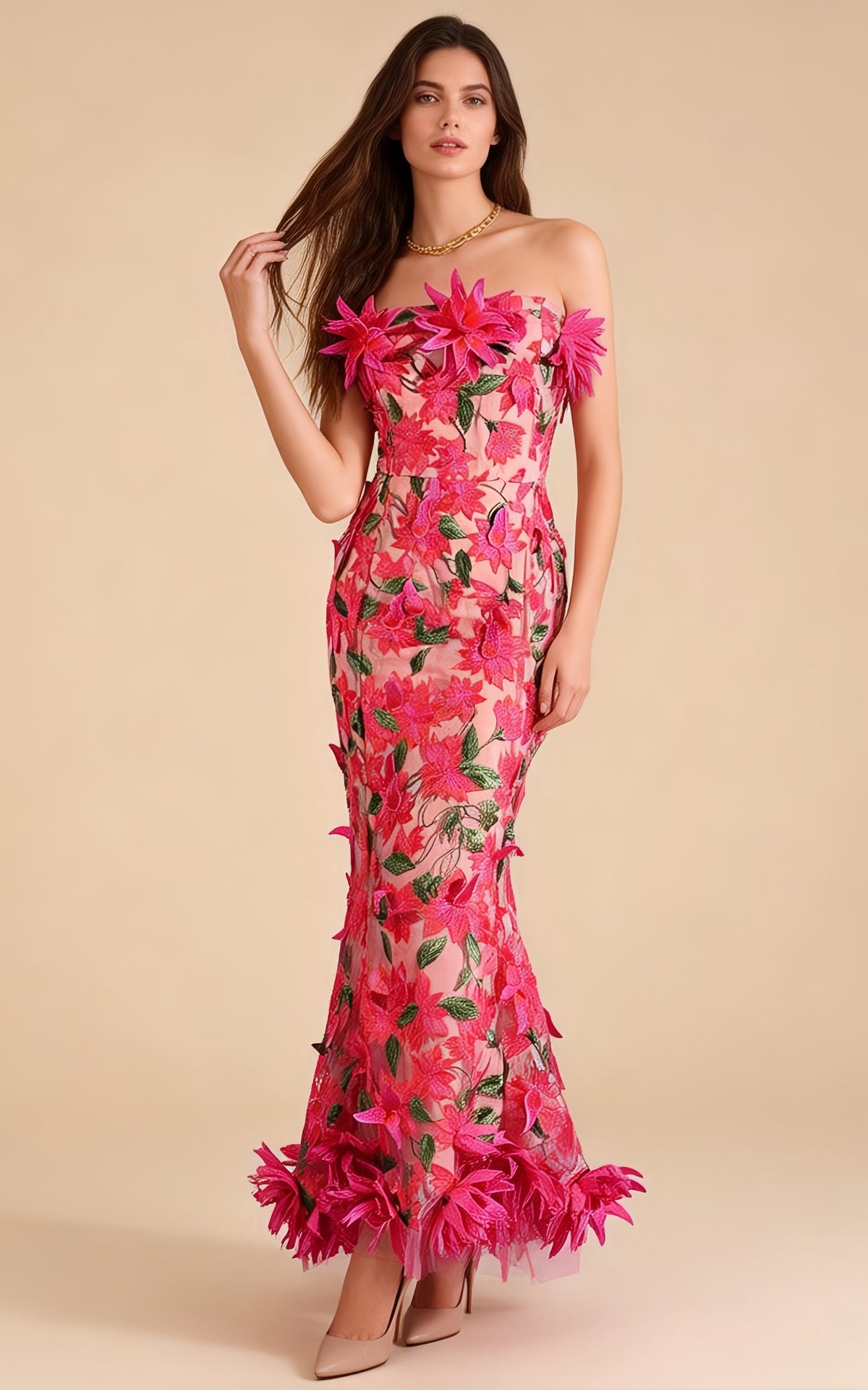Aspen Magenta 3D Floral Embroidery Maxi Dress
